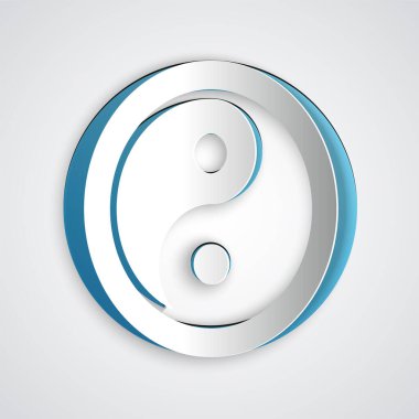 Kağıt, Gri arkaplanda Yin Yang 'ın uyum sembolü ve denge simgesi olarak izole edilmiş. Kağıt sanatı tarzı. Vektör.