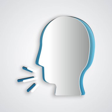 Kağıt kesiği öksürük ikonu gri arka planda izole edilmiş. Viral enfeksiyon, grip, grip, soğuk algınlığı semptomları. Tüberküloz, kabakulak, boğmaca. Kağıt sanatı tarzı. Vektör...