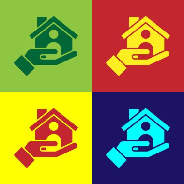Pop Art House sigorta ikonu, renkli arka planda izole edilmiş. Güvenlik, güvenlik, koruma, konsept koruma. Vektör..