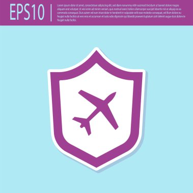 Kalkan simgesi turkuaz arka planda izole edilmiş Retro Mor Uçak. Uçan uçak. Uçak sigortası. Güvenlik, güvenlik, koruma, konsept koruma. Vektör..