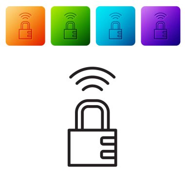 Siyah çizgi Akıllı şifreli kilit simgesi beyaz arkaplanda izole edildi. Kombinasyon asma kilit. Güvenlik, güvenlik, koruma, şifre, gizlilik. Renkli kare düğmelerle simgeleri ayarla. Vektör.