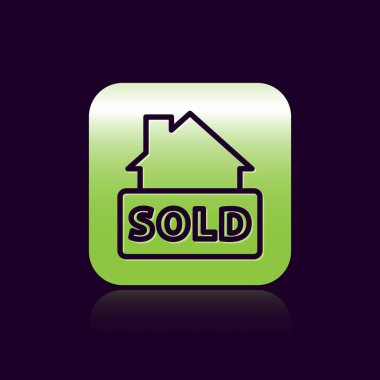 Siyah arkaplanda izole edilmiş metin satışı simgesi olan siyah çizgi asılma işareti. Çıkartma satıldı. Tabela satıldı. Yeşil kare düğmesi. Vektör.