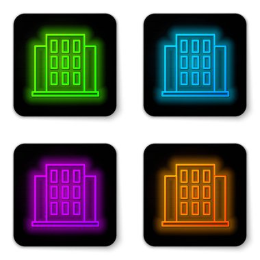 Beyaz arka planda parlayan neon hattı ikonu izole edildi. Ev sembolü. Siyah kare düğme. Vektör.