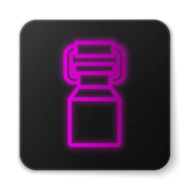 Parlayan neon hattı beyaz arkaplanda izole edilmiş süt ikonu için konteynır. Siyah kare düğme. Vektör.