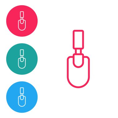 Kırmızı çizgi bahçe küreği ya da kürek ikonu beyaz arka planda izole edilmiş. Bahçe aletleri. Bahçecilik, tarım, çiftçilik aleti. Simgeleri daire düğmelerine ayır. Vektör.