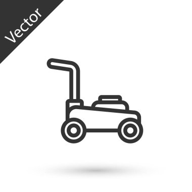 Gri çizgi çim biçme makinesi simgesi beyaz arkaplanda izole edildi. Çim biçme makinesi çim biçiyor. Vektör.