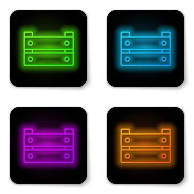 Parlayan neon hattı tahta kutu simgesi beyaz arkaplanda izole edildi. Market sepeti, depo sandığı. Sebzeler ve ürünler için boş ahşap kap. Siyah kare düğme. Vektör.