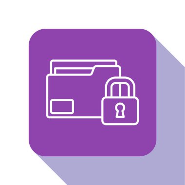 Beyaz çizgi dizini ve kilit simgesi beyaz arkaplanda izole edildi. Kapalı dosya ve asma kilit. Güvenlik, güvenlik, koruma kavramı. Mor kare düğme. Vektör.