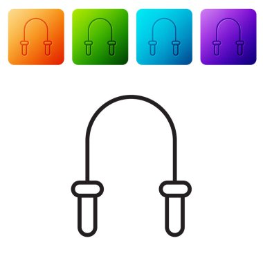 Siyah çizgi atlama ipi simgesi beyaz arkaplanda izole edildi. İp atlıyorum. Spor malzemeleri. Renkli kare düğmelerle simgeleri ayarla. Vektör.