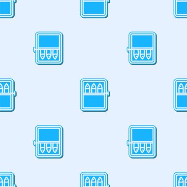 Mavi çizgi konserve balık ikonu gri arkaplandaki kusursuz deseni izole etti. Vektör..