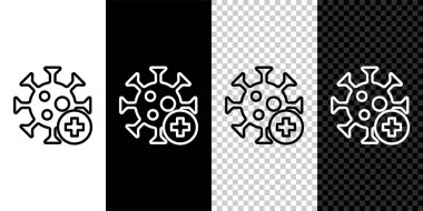 Siyah beyaz arkaplanda izole edilmiş çizgi Pozitif virüs simgesi. Corona virüsü 2019-nCoV. Bakteri ve mikroplar, hücre kanseri, mikrop, mantar. Vektör..