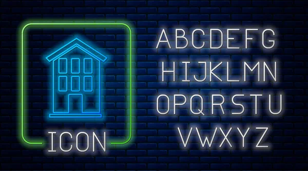 Gloeiende Neon House Icoon Geïsoleerd Bakstenen Muur Achtergrond Huissymbool Neon — Stockvector