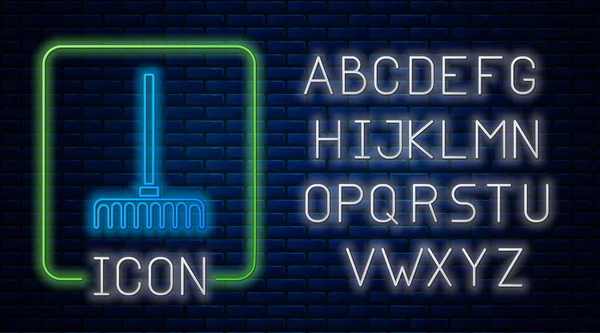レンガの壁の背景に孤立ネオンガーデンレーキアイコンを光る 農業のためのツール 地上栽培者 ネオンライトアルファベット ベクトル — ストックベクタ
