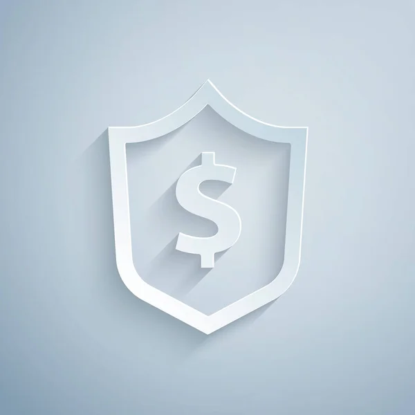Paper Cut Shield Med Dollar Symbol Ikon Isolerad Grå Bakgrund — Stock vektor