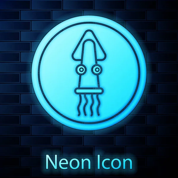 Gloeiende Neon Octopus Een Plaat Pictogram Geïsoleerd Baksteen Muur Achtergrond — Stockvector