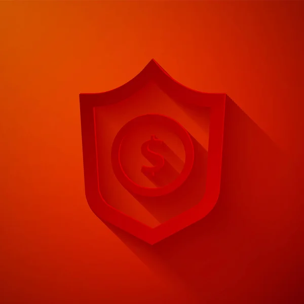 Paper Cut Shield Med Dollar Symbol Ikon Isolerad Röd Bakgrund — Stock vektor