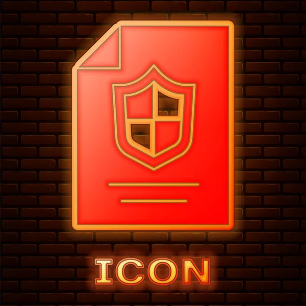 Glowing Neon Contract Shield Icon Isolated Brick Wall Background Insurance — Stock Vector
