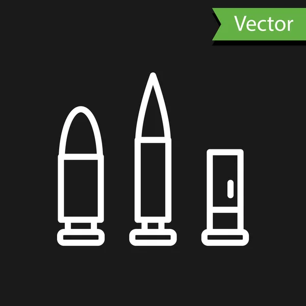 Weiße Linie Bullet Und Patronensymbol Isoliert Auf Schwarzem Hintergrund Vektor — Stockvektor