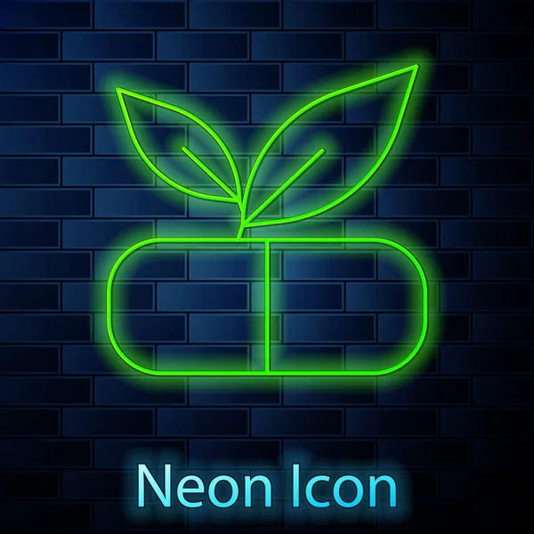 Gloeiende Neon Lijn Medische Pil Met Plant Pictogram Geïsoleerd Baksteen — Stockvector