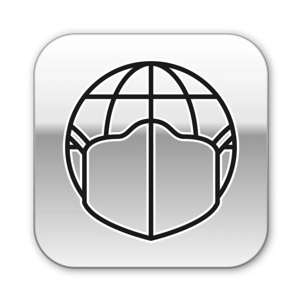 黒い線白い背景に隔離された医療用マスクアイコンを持つ地球の地球 銀四角形のボタン ベクトル — ストックベクタ
