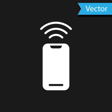Beyaz kablosuz akıllı telefon simgesi siyah arkaplanda izole edildi. Vektör.
