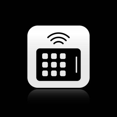 Siyah arkaplanda siyah kablosuz tablet simgesi izole edildi. İnternet kavramının kablosuz bağlantısı. Gümüş kare düğme. Vektör.