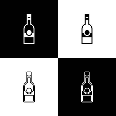 Siyah beyaz arka planda izole edilmiş cam şişe votka ikonu. Vektör.