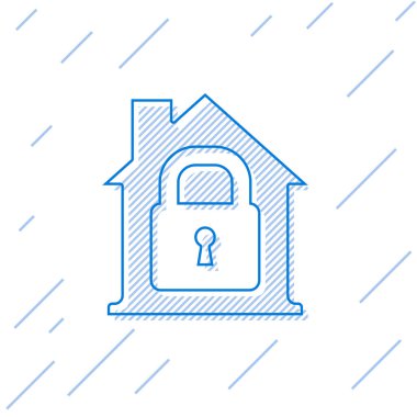 Beyaz arka planda izole edilmiş mavi çizgi ev koruma simgesi altında. Eve git ve kilitle. Koruma, güvenlik, güvenlik, koruma, savunma konsepti. Vektör.