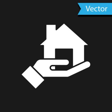 Beyaz emlakçı simgesi siyah arkaplanda izole edildi. Ev almak. Vektör.