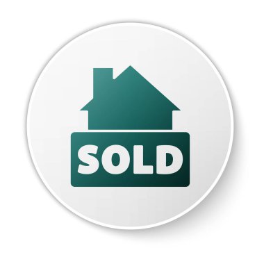 Beyaz arkaplanda izole edilmiş metin simgesi satılan Yeşil Asılma işareti. Çıkartma satıldı. Tabela satıldı. Beyaz daire düğmesi. Vektör.