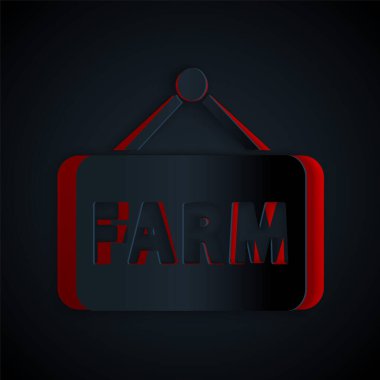 Kağıt kesiği Siyah zemin üzerinde izole edilmiş metin çiftliği simgesi olan tabela. Kağıt sanatı tarzı. Vektör.