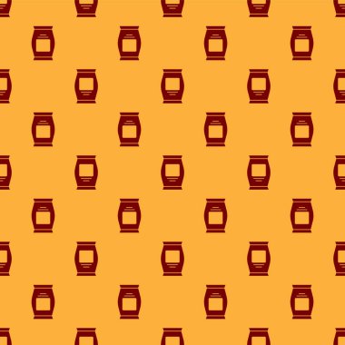 Kırmızı gübre torbası ikonu kahverengi arka planda izole edilmiş pürüzsüz desen. Vektör.