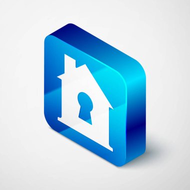 Koruma altındaki Isometric Evi gri arka planda izole edilmiş. Ev ve kalkan. Koruma, güvenlik, güvenlik, koruma, savunma konsepti. Mavi kare düğme. Vektör.