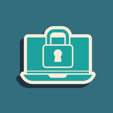 Yeşil dizüstü bilgisayar ve kilit simgesi yeşil arkaplanda izole edildi. Bilgisayar ve asma kilit. Güvenlik, güvenlik, koruma kavramı. Güvenli bir ağ. Uzun gölge tarzı. Vektör.