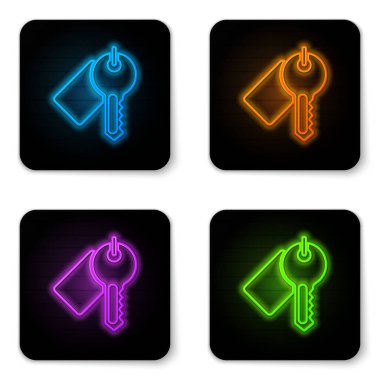 Parlayan neon işaretli anahtar simgesi beyaz arkaplanda izole edildi. Siyah kare düğme. Vektör.