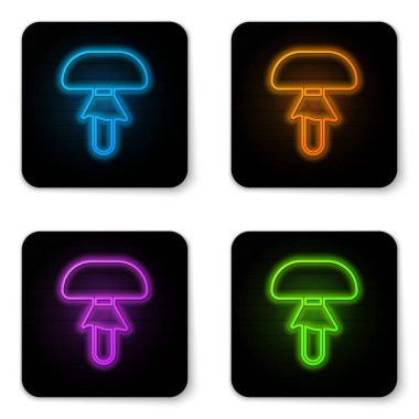 Parlayan neon mantar ikonu beyaz arkaplanda izole edildi. Siyah kare düğme. Vektör.