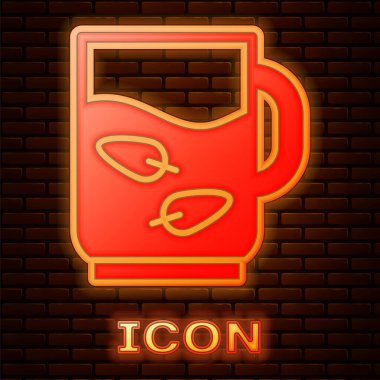 Parlayan neon çay fincanı ve tuğla duvar arkasında izole edilmiş yaprak ikonu. Vektör.