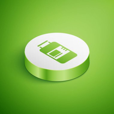 Isometric Collagen serumu ve yeşil arka planda izole edilmiş vitamin ikonu. Yüz bakımı esansı cilt bakımı kozmetiği. Beyaz daire düğmesi. Vektör.