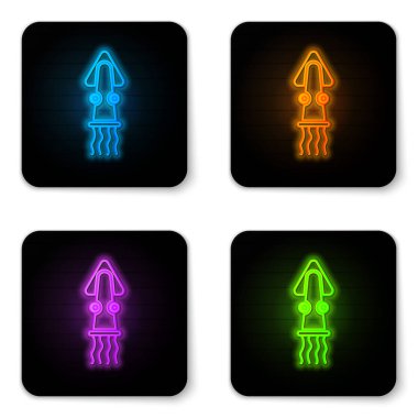 Parlayan neon ahtapot simgesi beyaz arkaplanda izole edildi. Siyah kare düğme. Vektör..