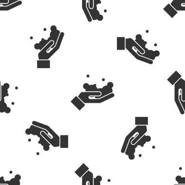 Sabun ikonu olan gri yıkama elleri beyaz arka planda izole edilmiş, pürüzsüz desen. Virüs ve bakterileri önlemek için ellerini sabunla yıkıyorsun. Vektör..