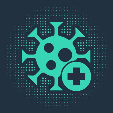 Yeşil Pozitif virüs ikonu mavi arkaplanda izole edildi. Corona virüsü 2019-nCoV. Bakteri ve mikroplar, hücre kanseri, mikrop, mantar. Soyut çember rastgele noktalar. Vektör..