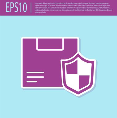 Retro mor Teslimat güvenliği ve turkuaz arka planda izole edilmiş kalkan ikonu. Teslimat sigortası. Kalkanın ötesinde sigorta kutuları var. Vektör..