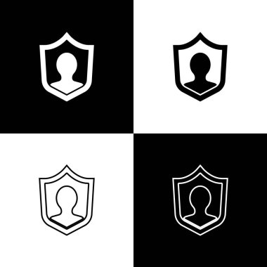 Siyah beyaz arka planda izole edilmiş bir kalkan simgesi ile Hayat Sigortası belirleyin. Güvenlik, güvenlik, koruma, konsept koruma. Vektör..