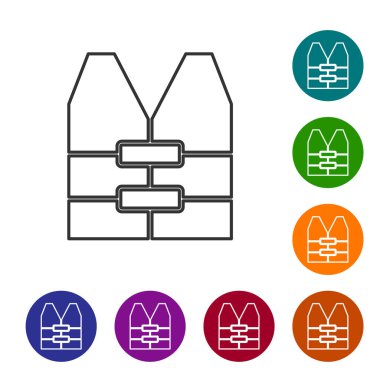 Siyah çizgi Hayat Ceketi simgesi beyaz arkaplanda izole edildi. Can yeleği ikonu. Olağanüstü bir spor. Spor malzemeleri. Simgeleri renk daire düğmelerine ayarla. Vektör..