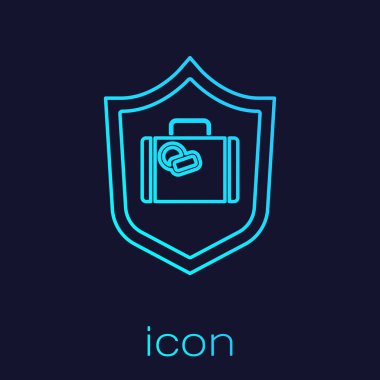 Turkuaz hat mavi arka planda izole edilmiş kalkan simgesiyle seyahat valizi. Seyahat bagaj sigortası. Güvenlik, güvenlik, koruma, konsept koruma. Vektör..