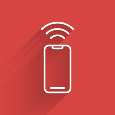 Beyaz çizgi kablosuz akıllı telefon simgesi uzun gölgeli izole edilmiş. Vektör.