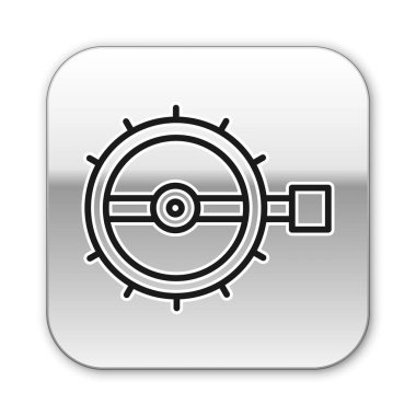 Siyah çizgi tuzak avlama simgesi beyaz arkaplanda izole edildi. Gümüş kare düğme. Vektör.