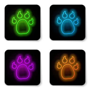 Parlayan neon çizgisi Paw yazdırma simgesi beyaz arkaplanda izole edildi. Köpek ya da kedi pençesi izi. Hayvan izleri. Siyah kare düğme. Vektör.