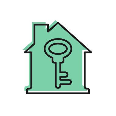 Beyaz arka planda anahtar simgesi olan siyah çizgi evi. Ev anahtarının konsepti. Vektör.