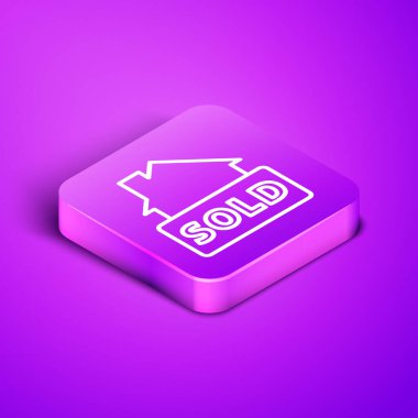 Mor arkaplanda izole edilmiş metin satışı simgesi ile Isometric satır asma işareti. Çıkartma satıldı. Tabela satıldı. Mor kare düğme. Vektör.